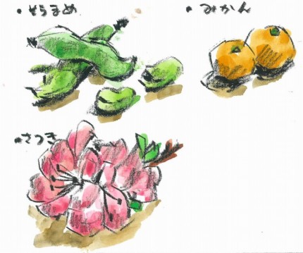 20220523はがき絵教室で描いたそら豆やみかんのイラスト